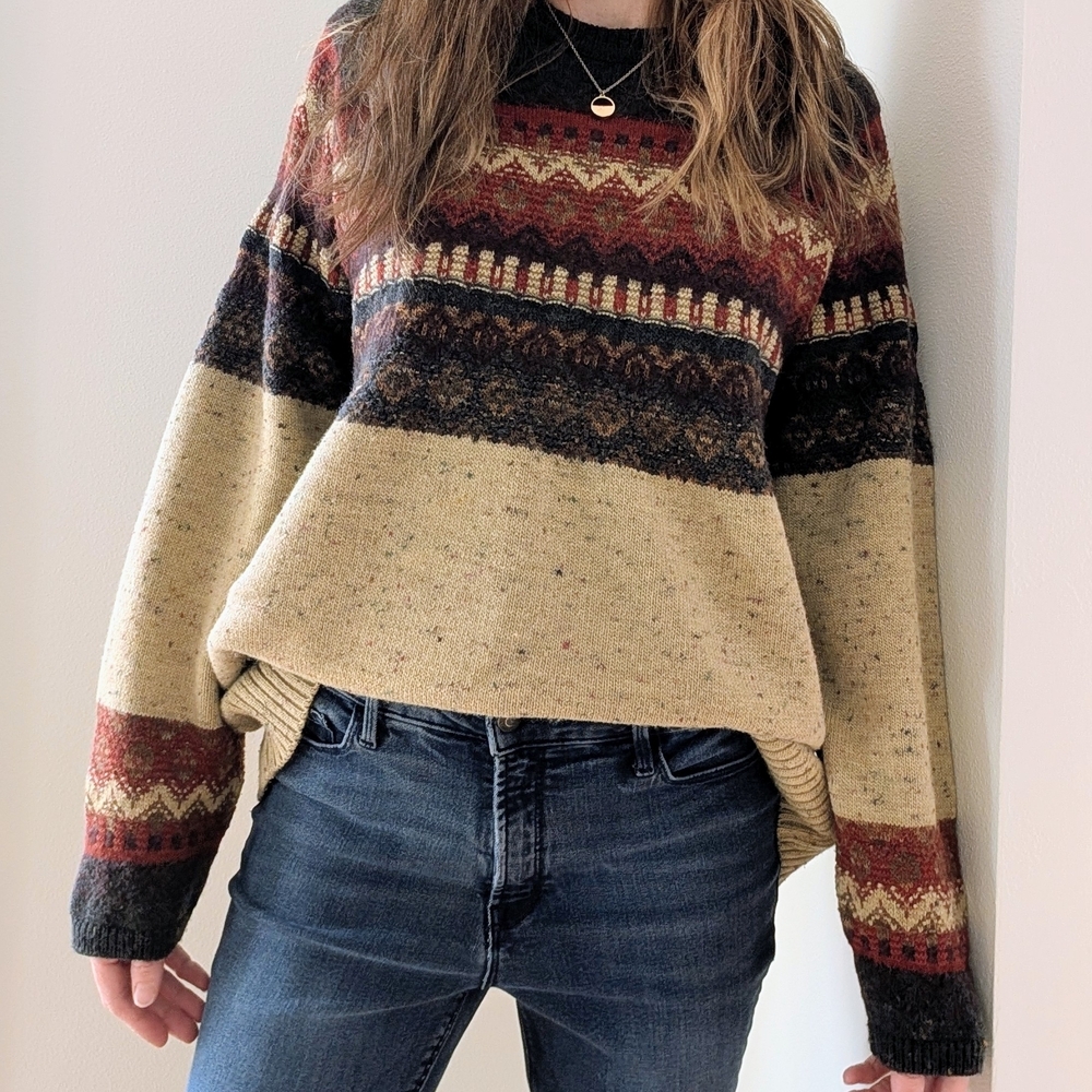 Vintage Abstract Geometric Textured Wool Blend Crewneck Sweater In Tan/Red/Brown